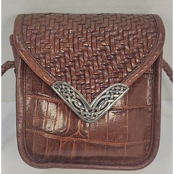 Brighton Brown Crocodile Embossed Woven Leather Small Crossbody Purse Vintage - Picture 1 of 12